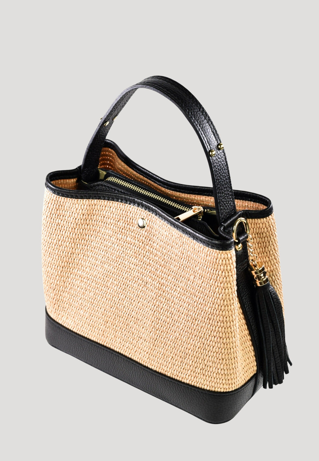 Kendy Bag in Dollar Leather and Raffia Black