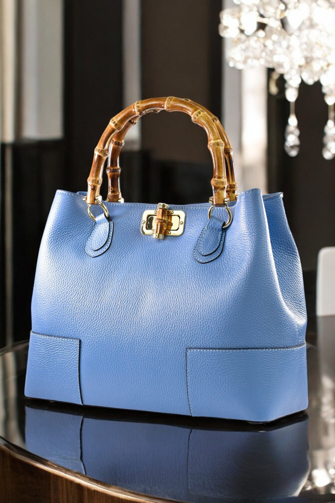 Bamboo Babe Bag in Blue Dollar Leather