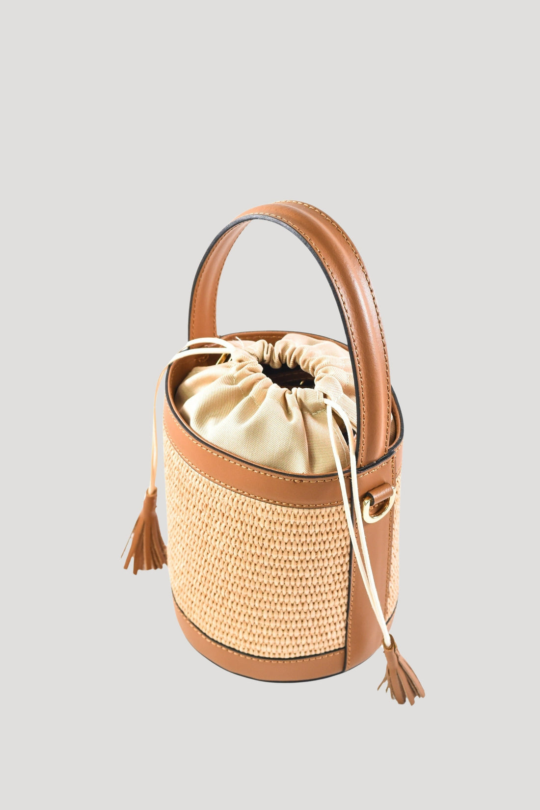 Petit Bag in Brushed Leather and Raffia Tan