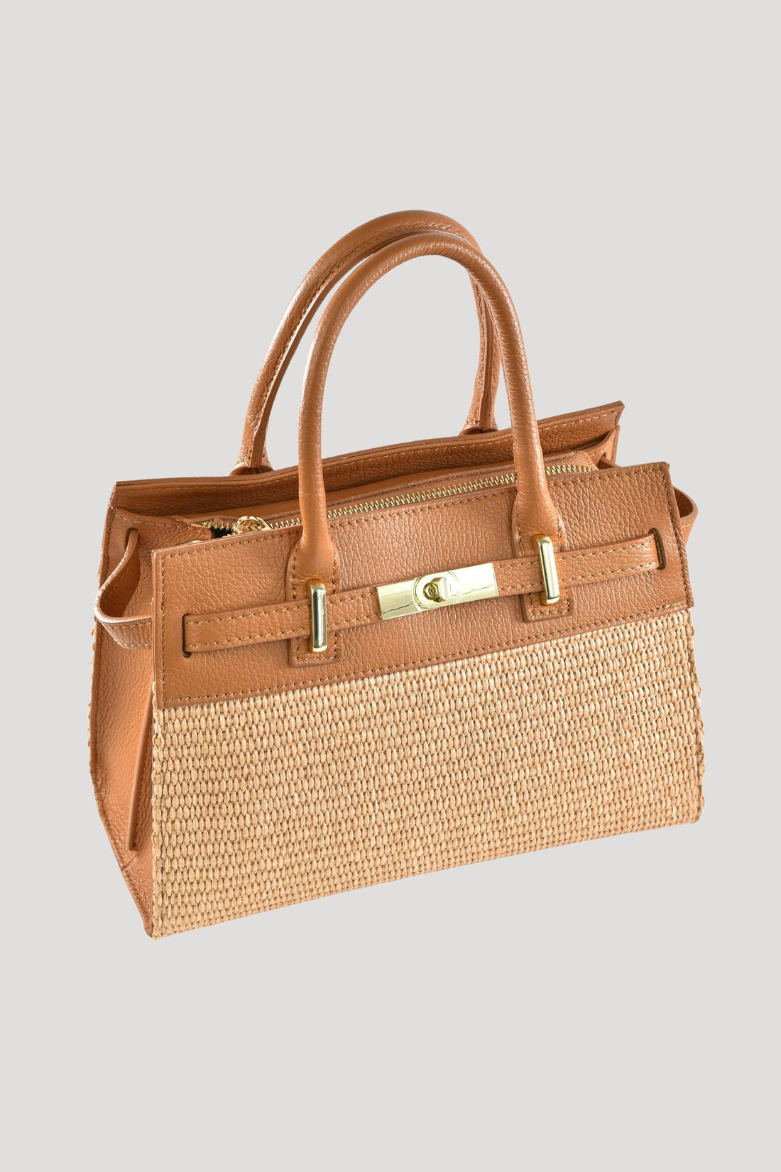Grace Bag in Togo Leather and Raffia Tan