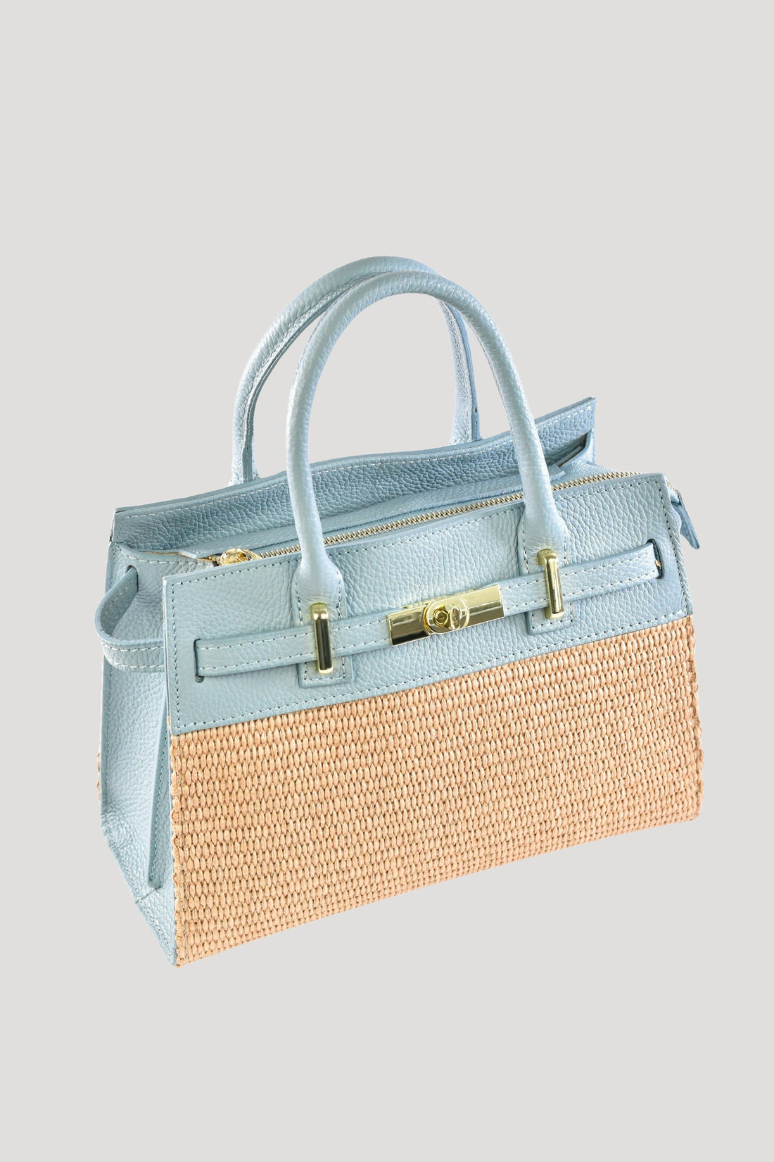 Grace Bag in Togo Leather and Raffia Light Blue
