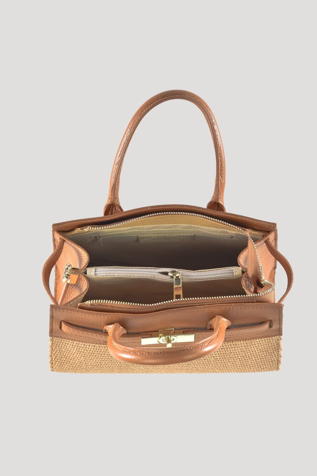 Grace Bag in Togo Leather and Raffia Tan