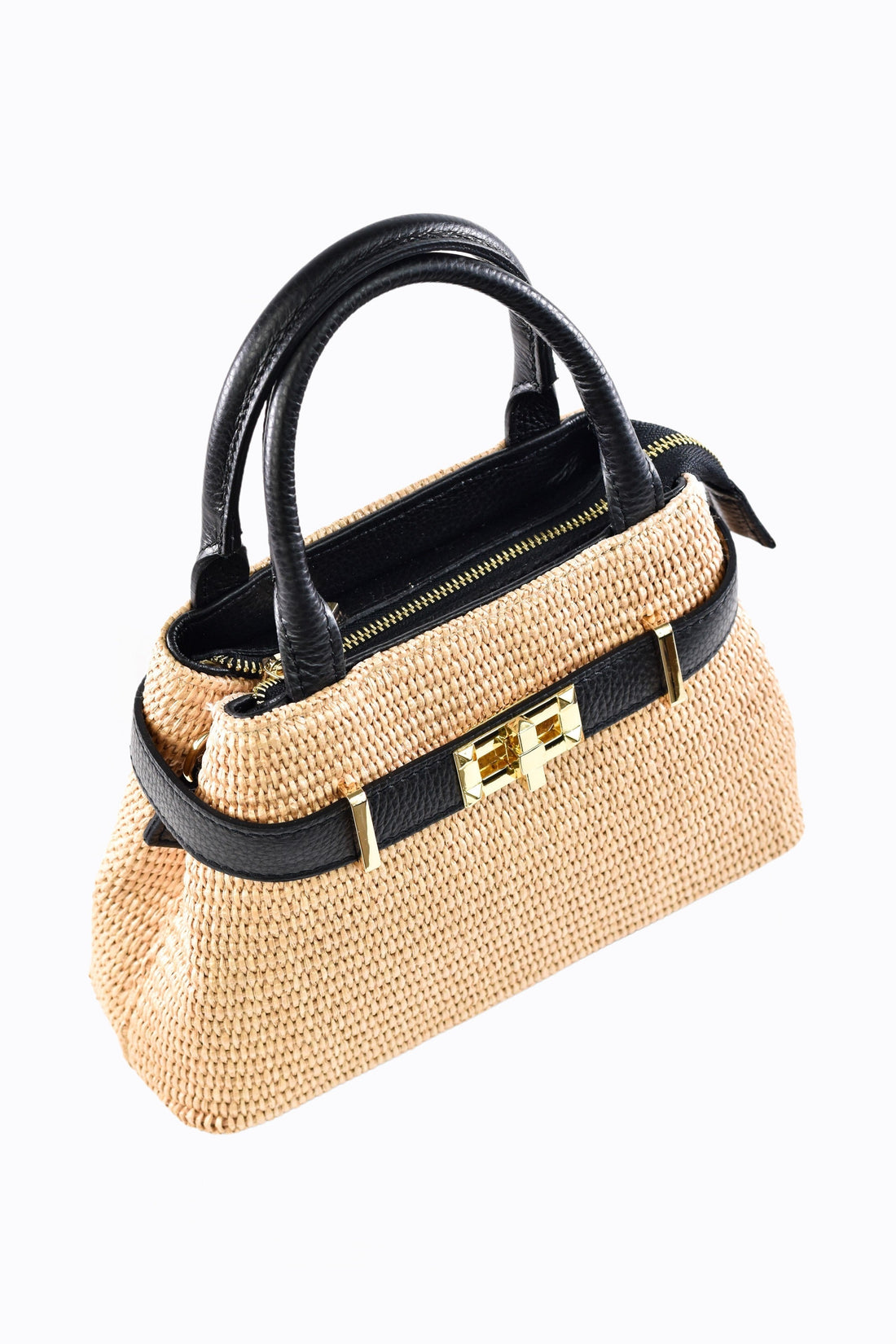 Elysia Bag in Leather and Raffia Black