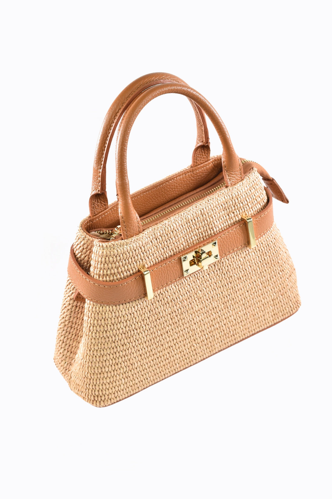 Elysia Bag in Leather and Raffia Tan