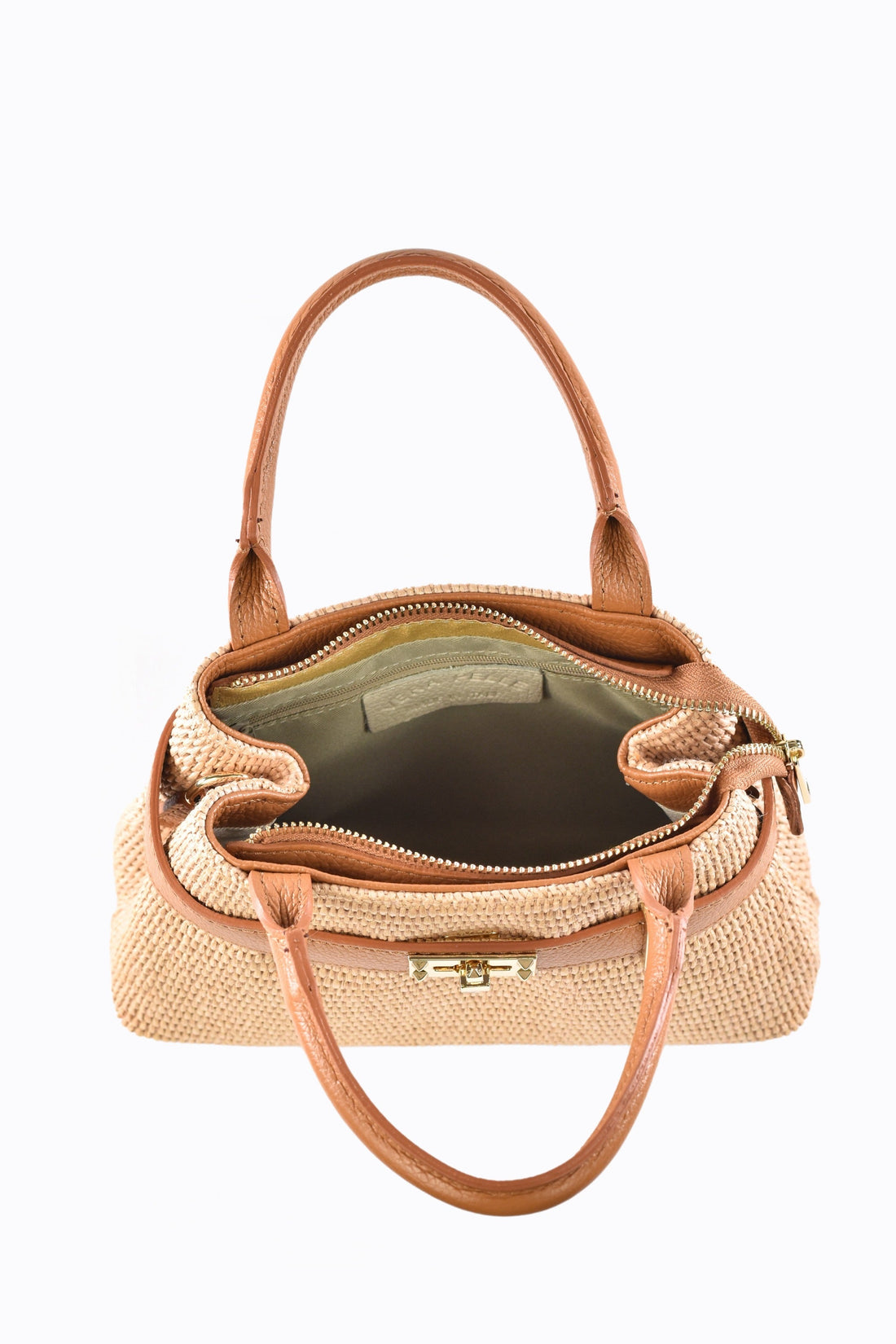 Elysia Bag in Leather and Raffia Tan