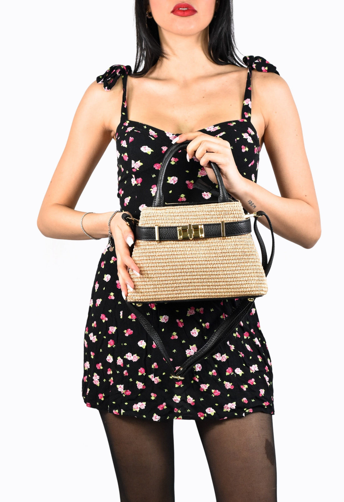 Elysia Bag in Leather and Raffia Black
