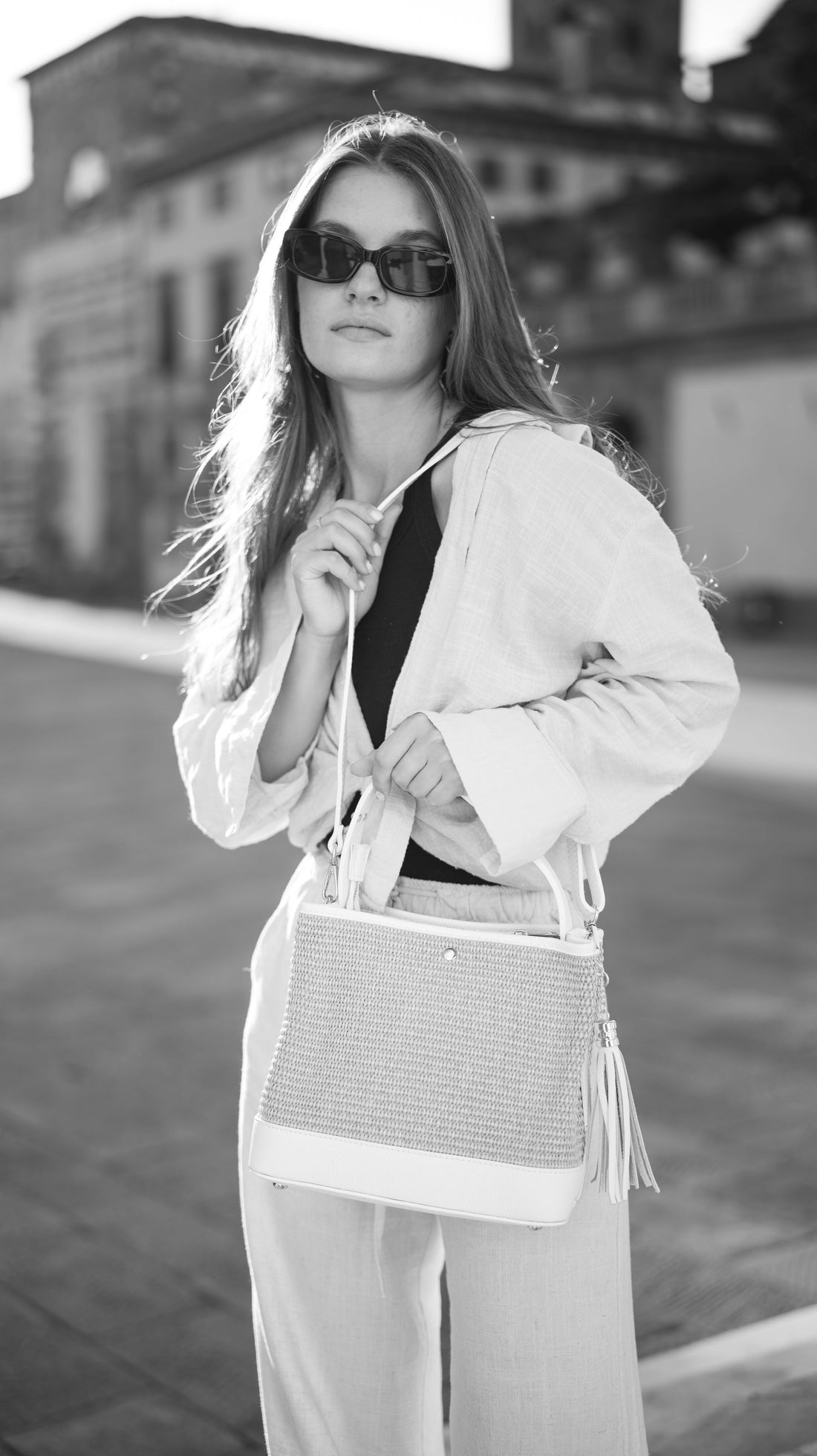 Kendy Bag in Dollar Leather and Raffia Tan