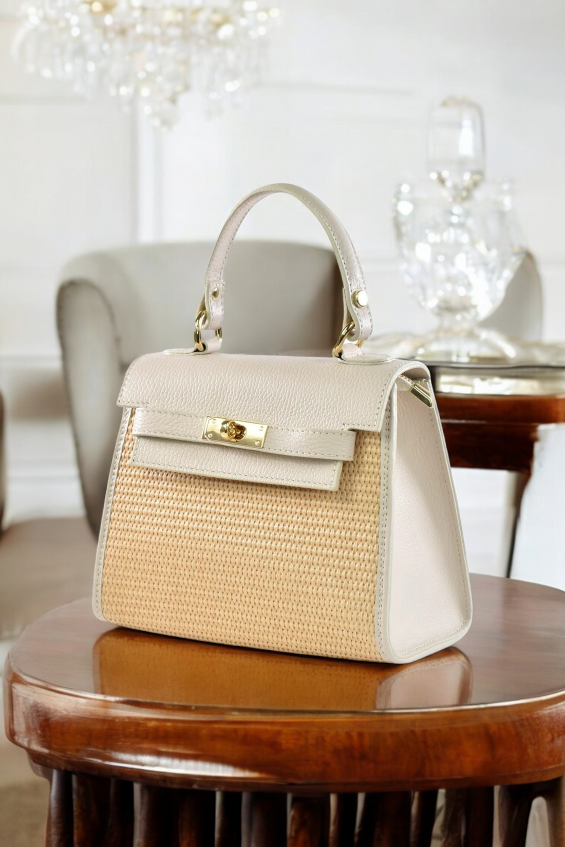 Freydis Bag in Dollar Leather and Raffia Beige