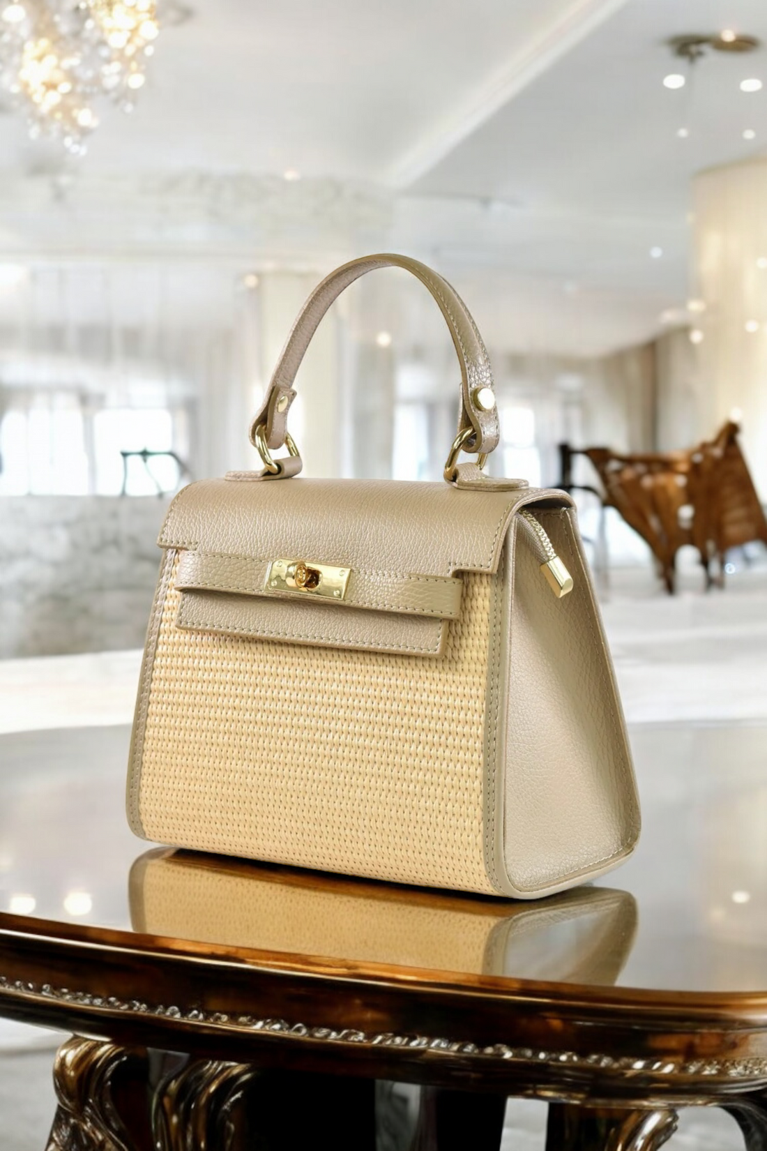 Freydis Bag in Dollar Leather and Raffia Dove