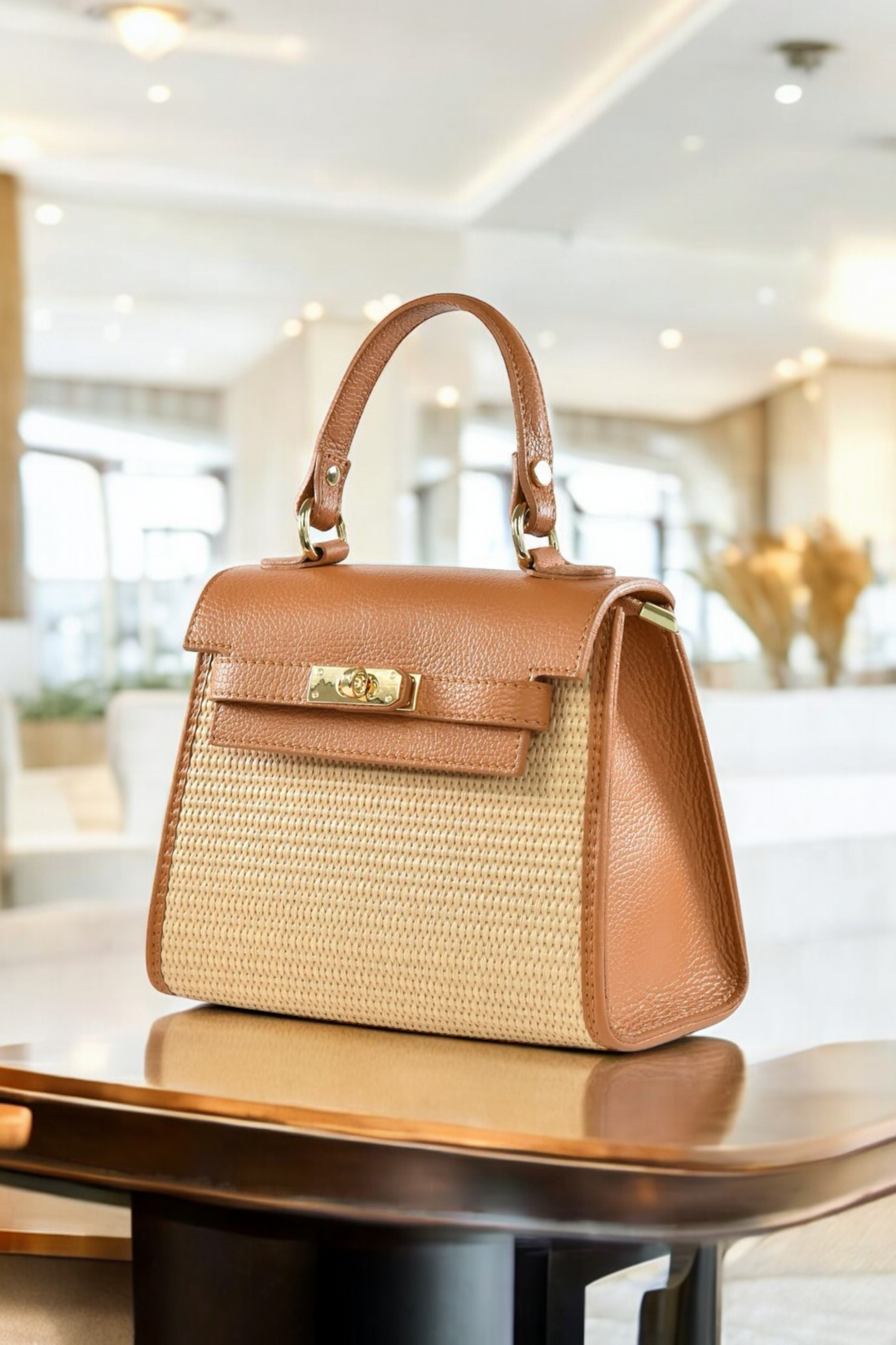 Freydis Bag in Dollar Leather and Raffia Tan
