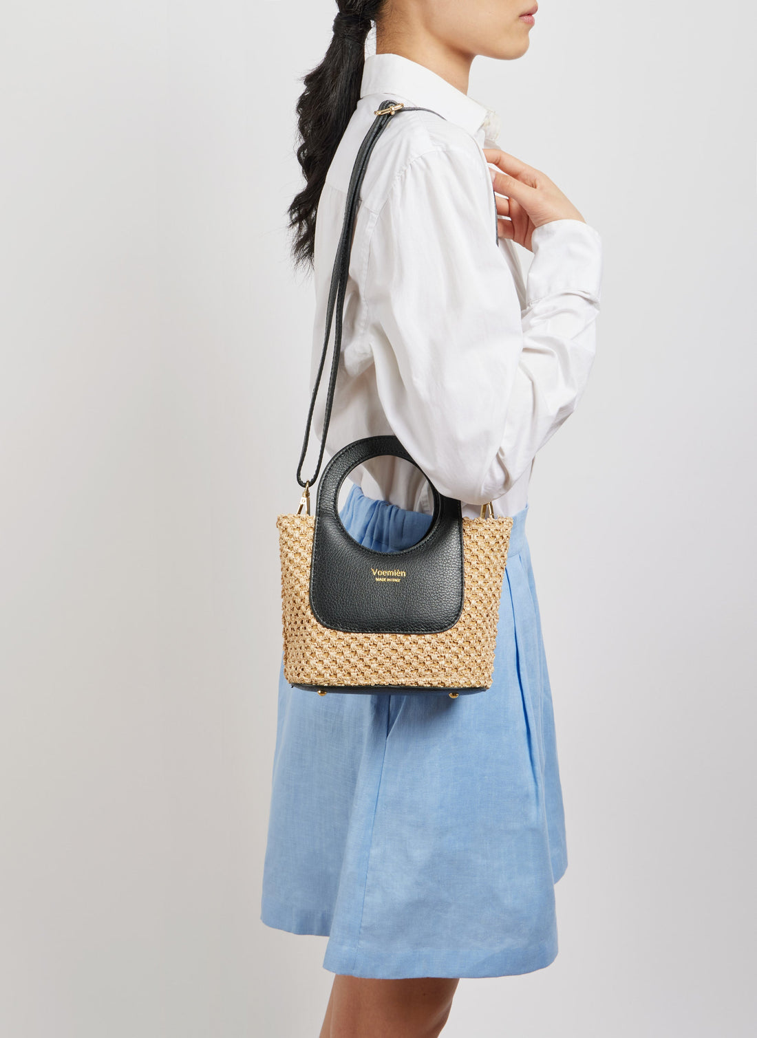 Alba Bag in Dollar Leather and Raffia Black
